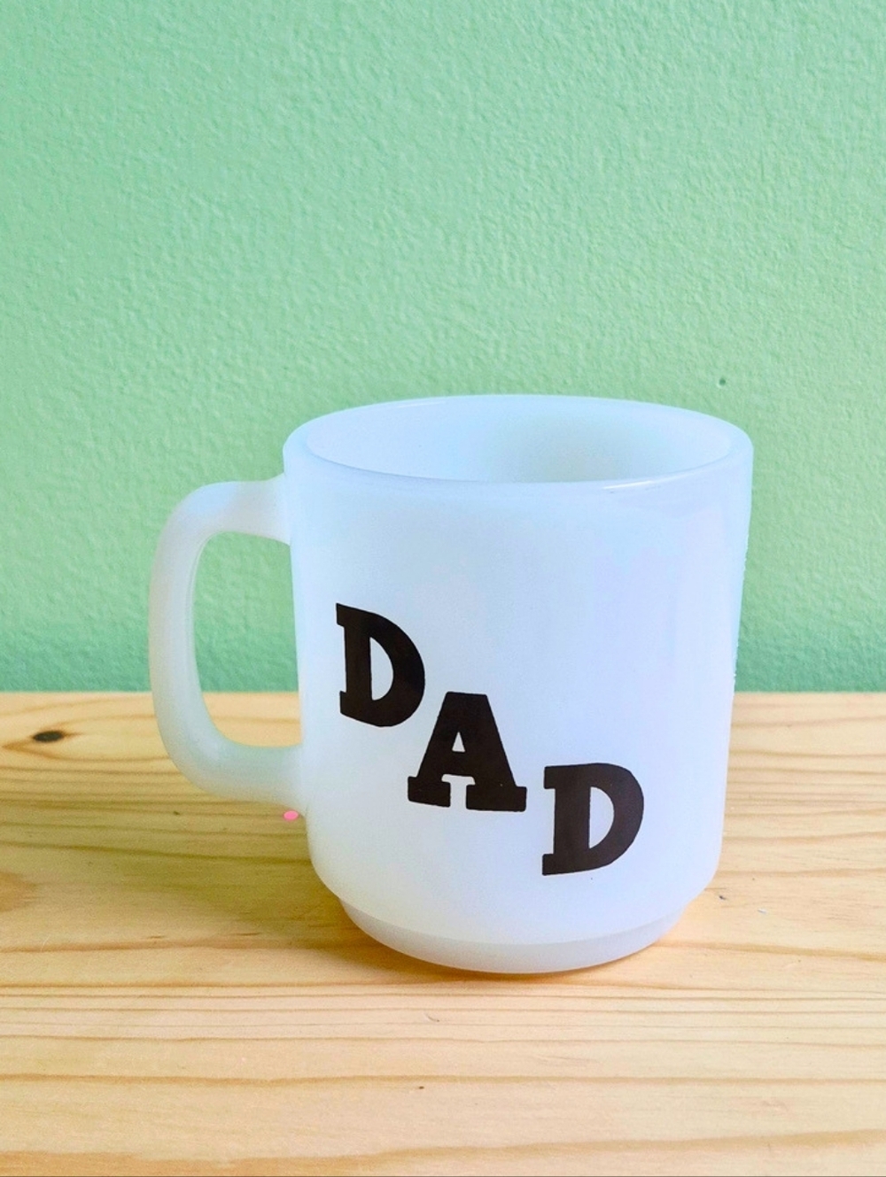 Vintage Glasbake milk glass "DAD" mug